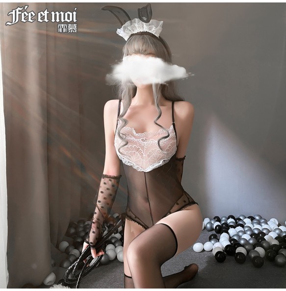 FEE ET MOI Cute Rabbit Open File Body Stocking (Black)